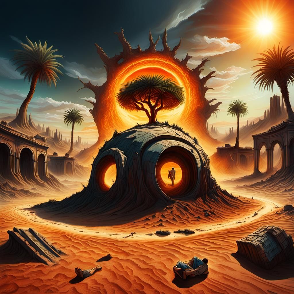 Surreal Desert Oasis Inspired by Dali and Beksinski