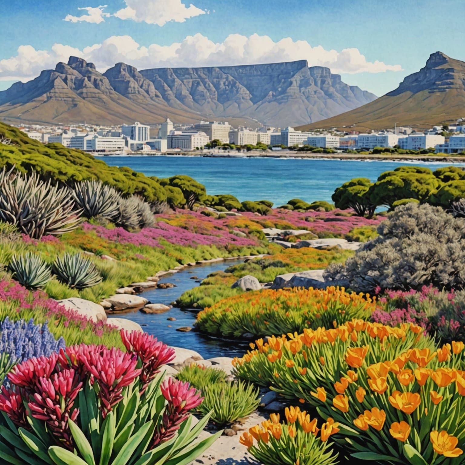Cape Town Spring Fynbos in Watercolor Style