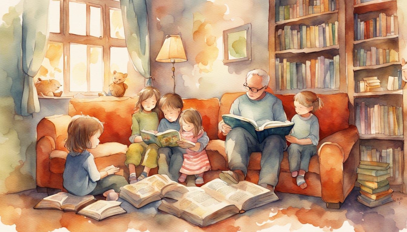 Daddy Reads to Children: Watercolour Illustration