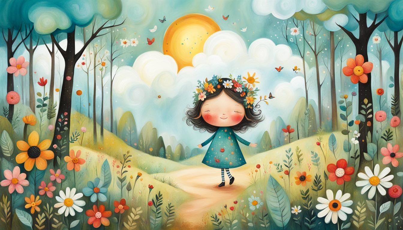 Adorable Baby Illustration in Whimsical Forest Landscape