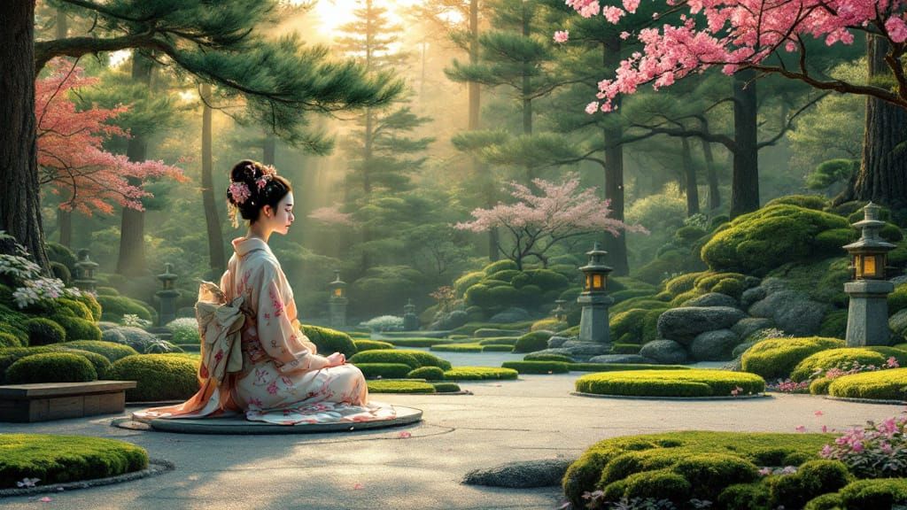 Geisha Meditates in Zen Garden: Hiroshige Style