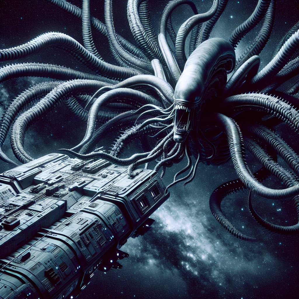 Menacing Alien Constricting Spaceship in Deep Space Horror