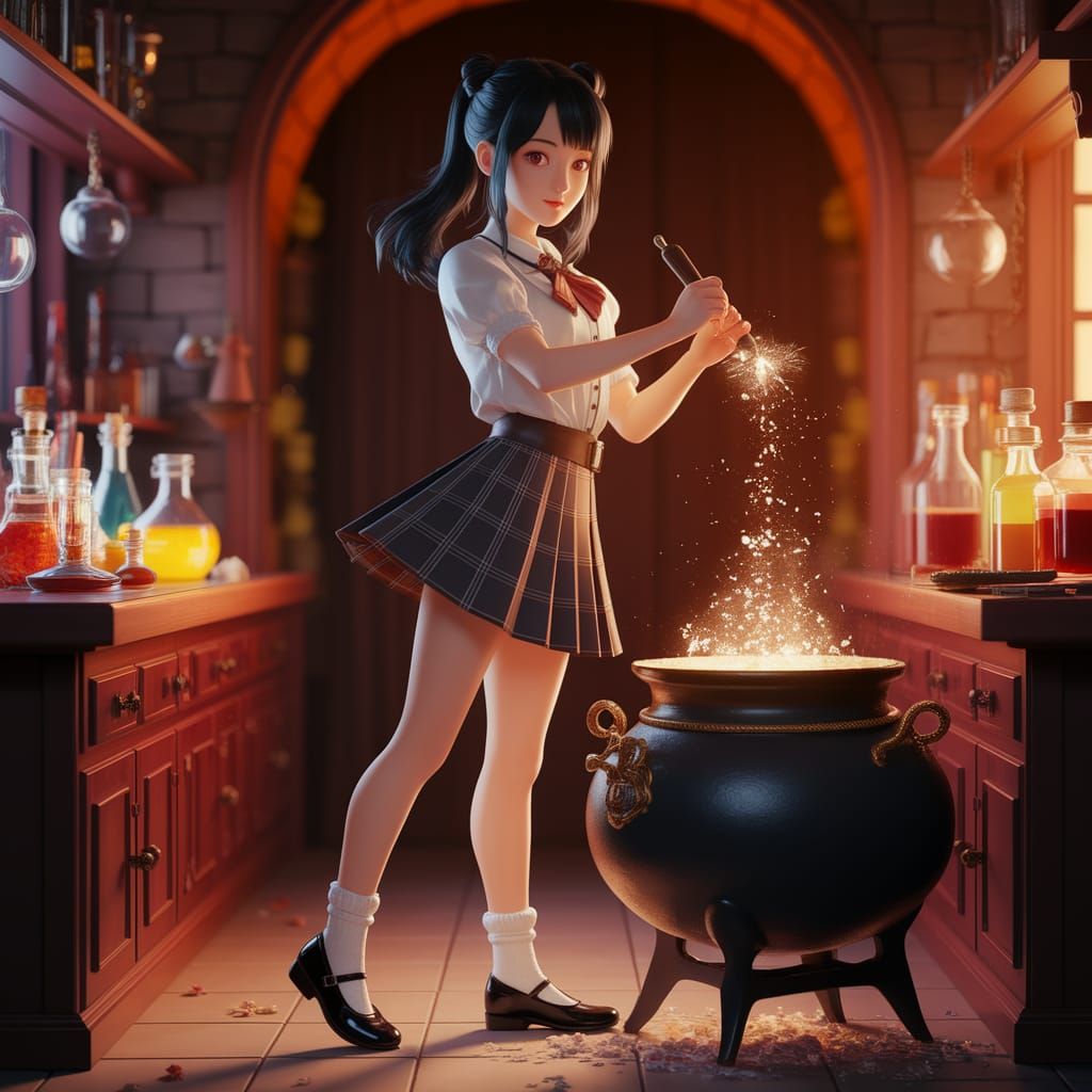 Confident Anime Girl in Enchanted Potions Lab