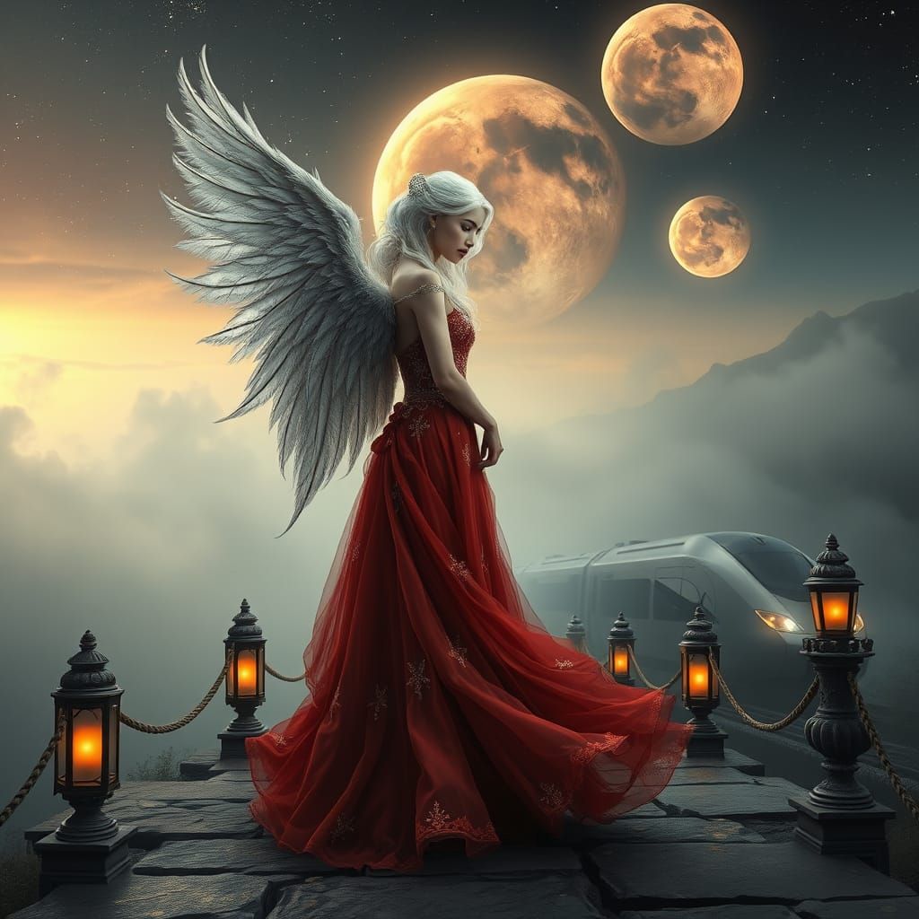 Ethereal Angel in Victorian Attire, Illuminated by Gas Lante...