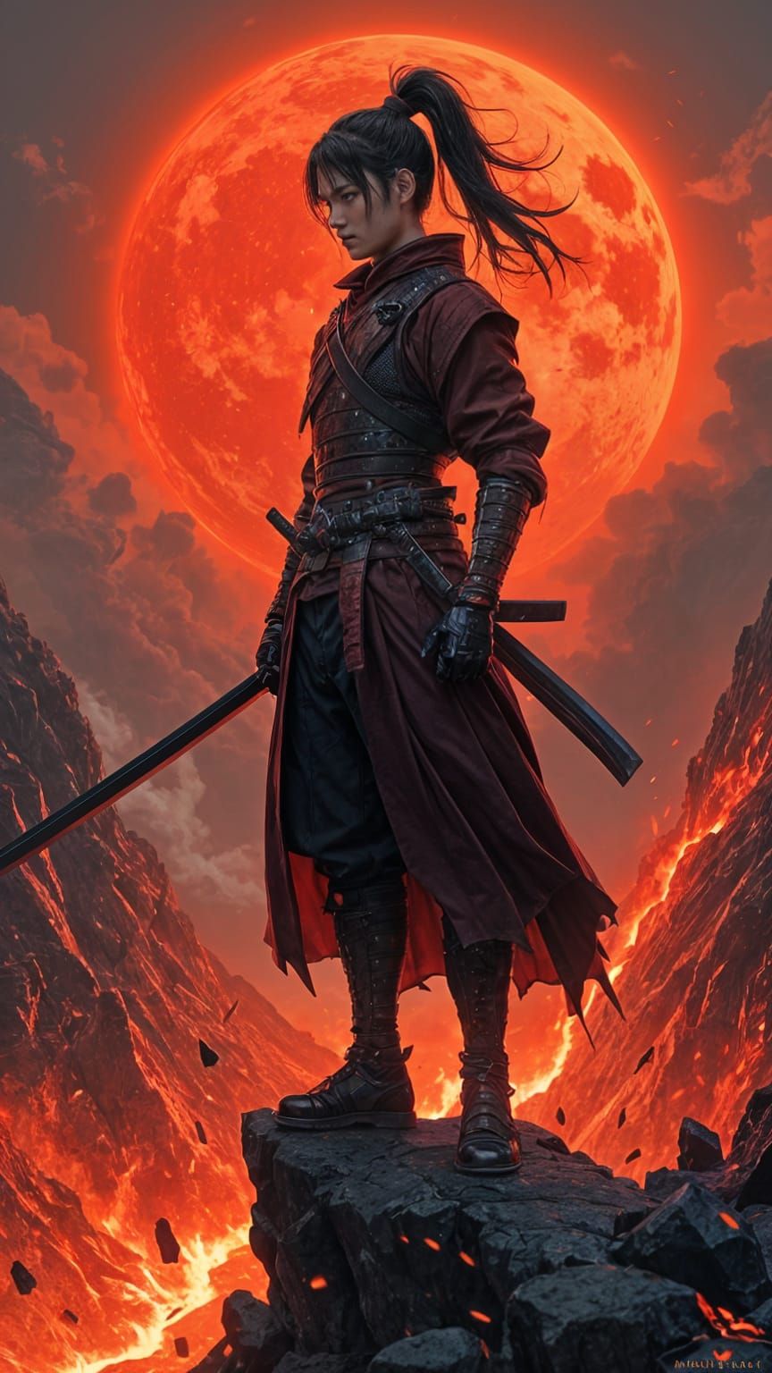 Anime Samurai Warrior on Active Volcano