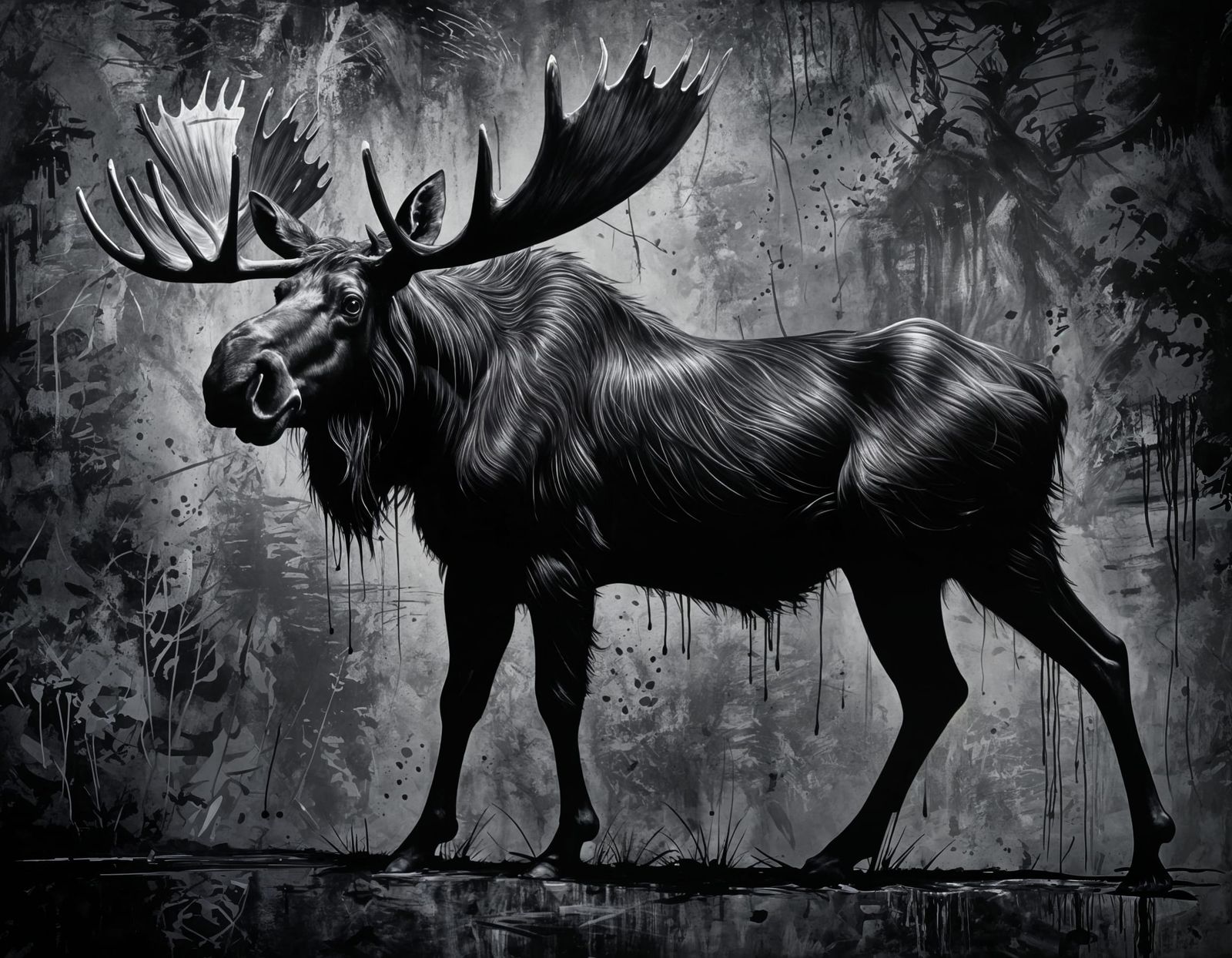 Black Moose Painting with Silver Highlights