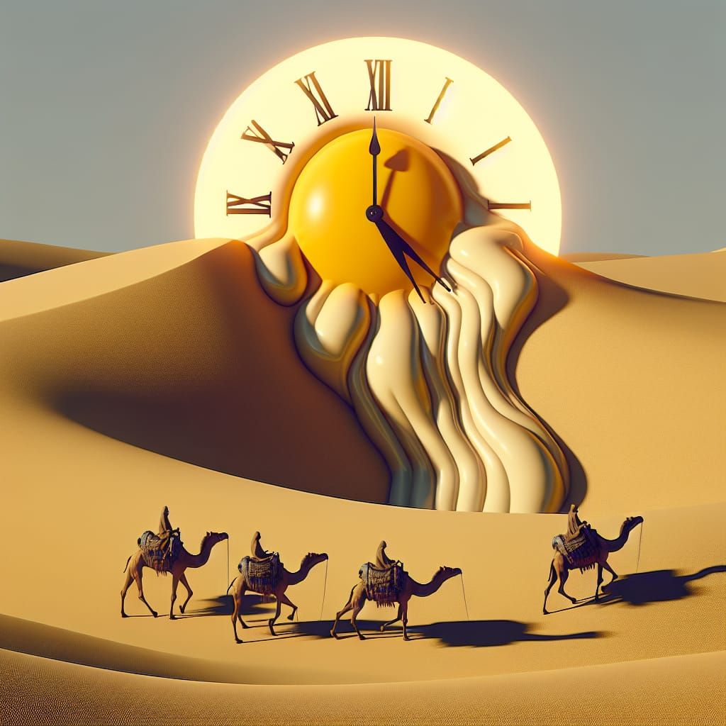 Surreal Desert Caravan with Melting Clock Sun