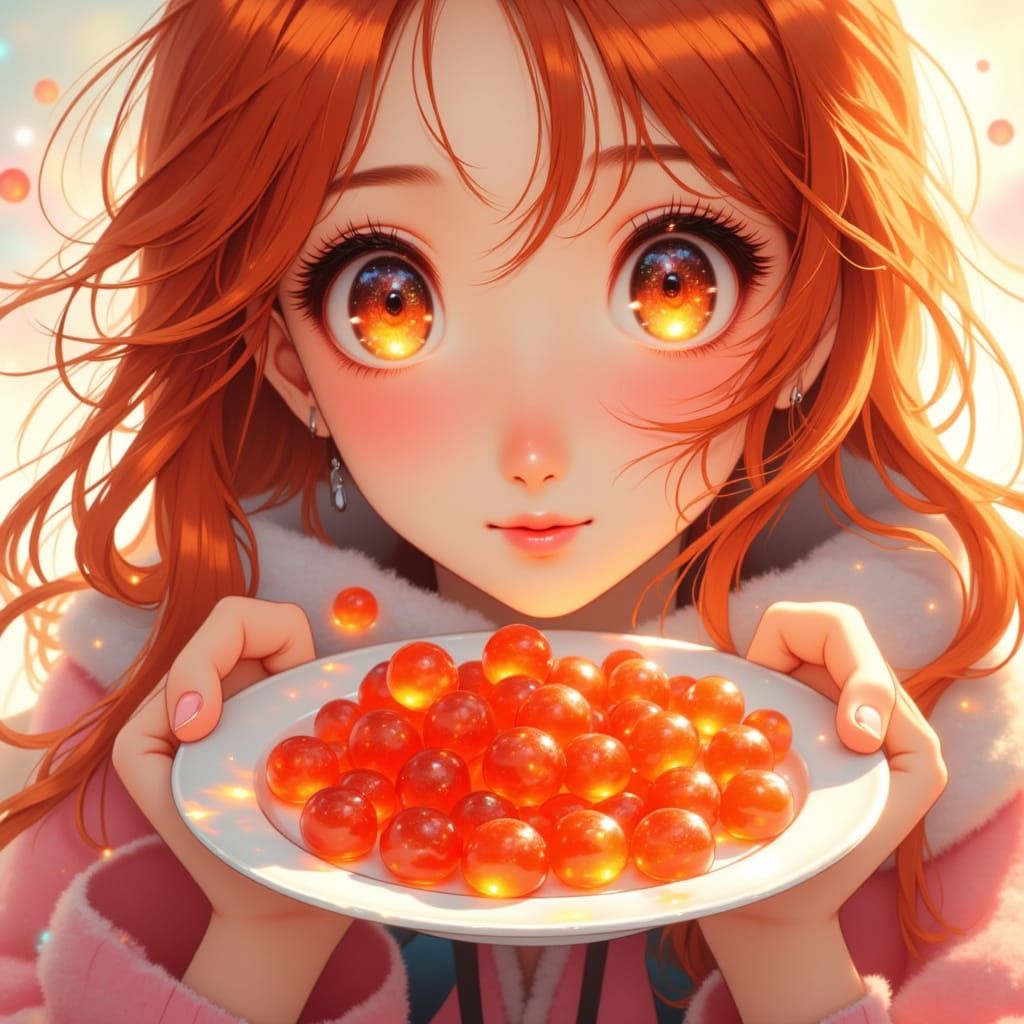 Adorable redheaded teenage Orihime Inoue from "Bleach" holdi...