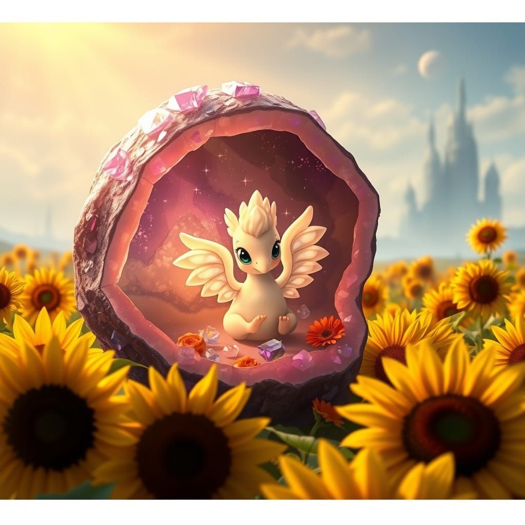 Hippogriff Hatching from Amethyst Geode, Ghibli Style