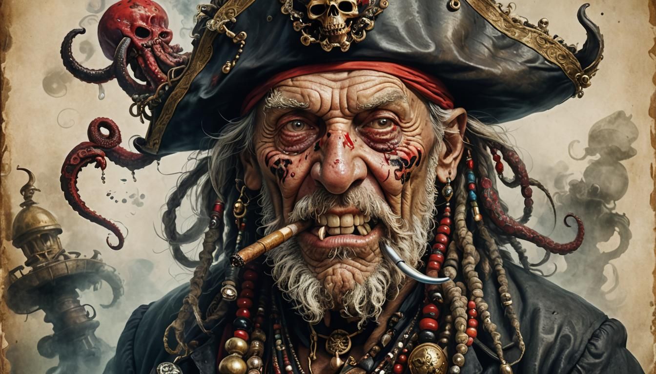 Old Pirate Portrait with Octopus Hat, Cinematic Style