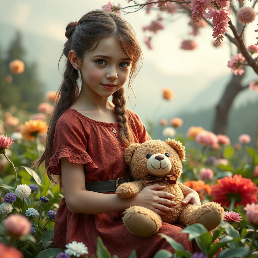 Pom Pom Garden Scene with Young Lady and Teddy Bear
