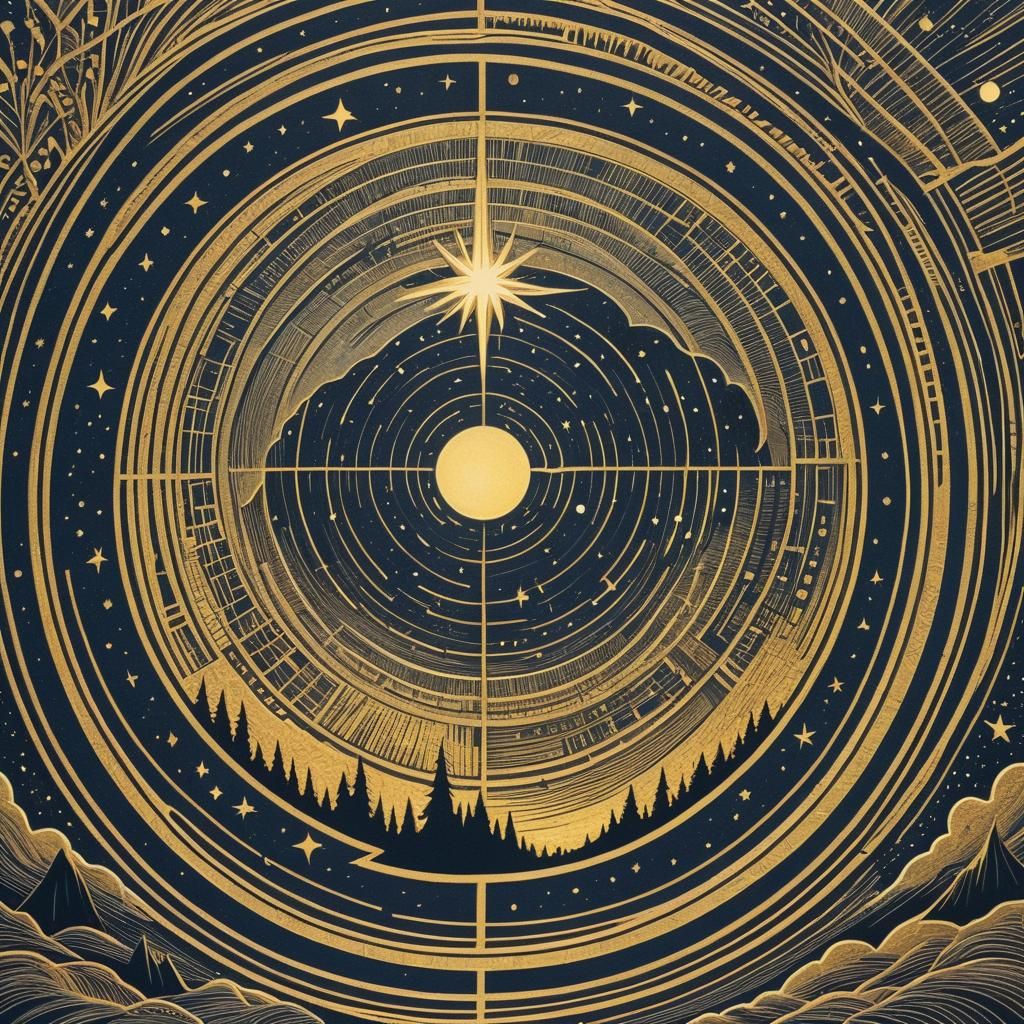 Intricate Linocut Landscape with Golden Ratio