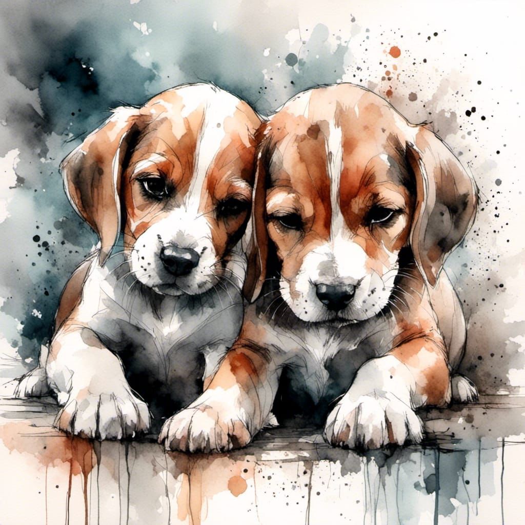 Charming Beagle Puppy and Piglet Cuddle in Watercolour
