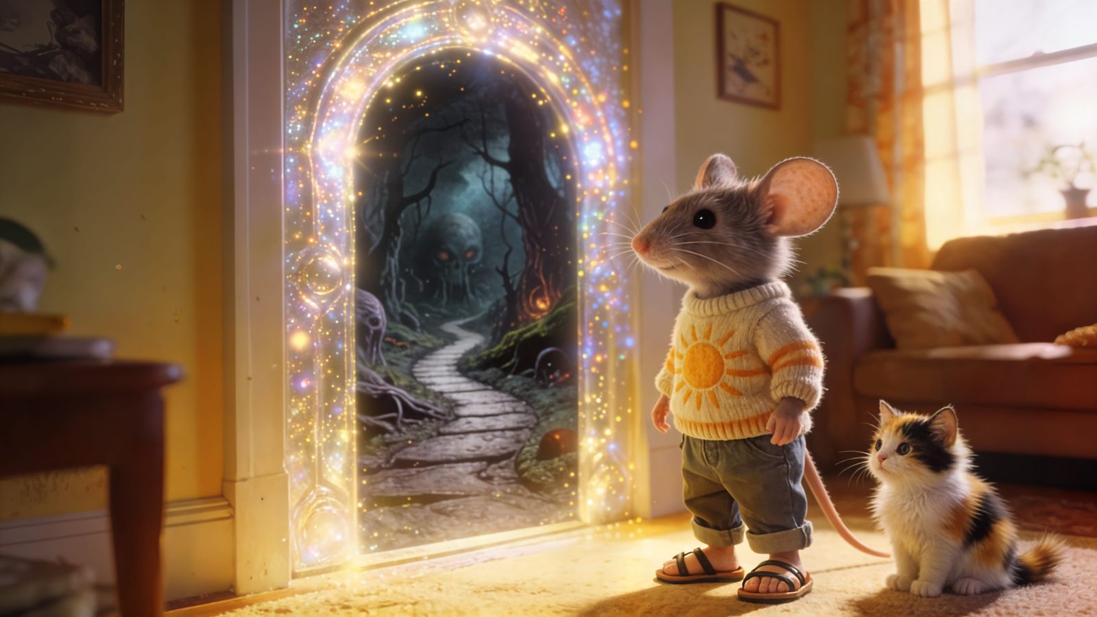 Mouse and Cat Explore Surreal Fantasy Horror Portal