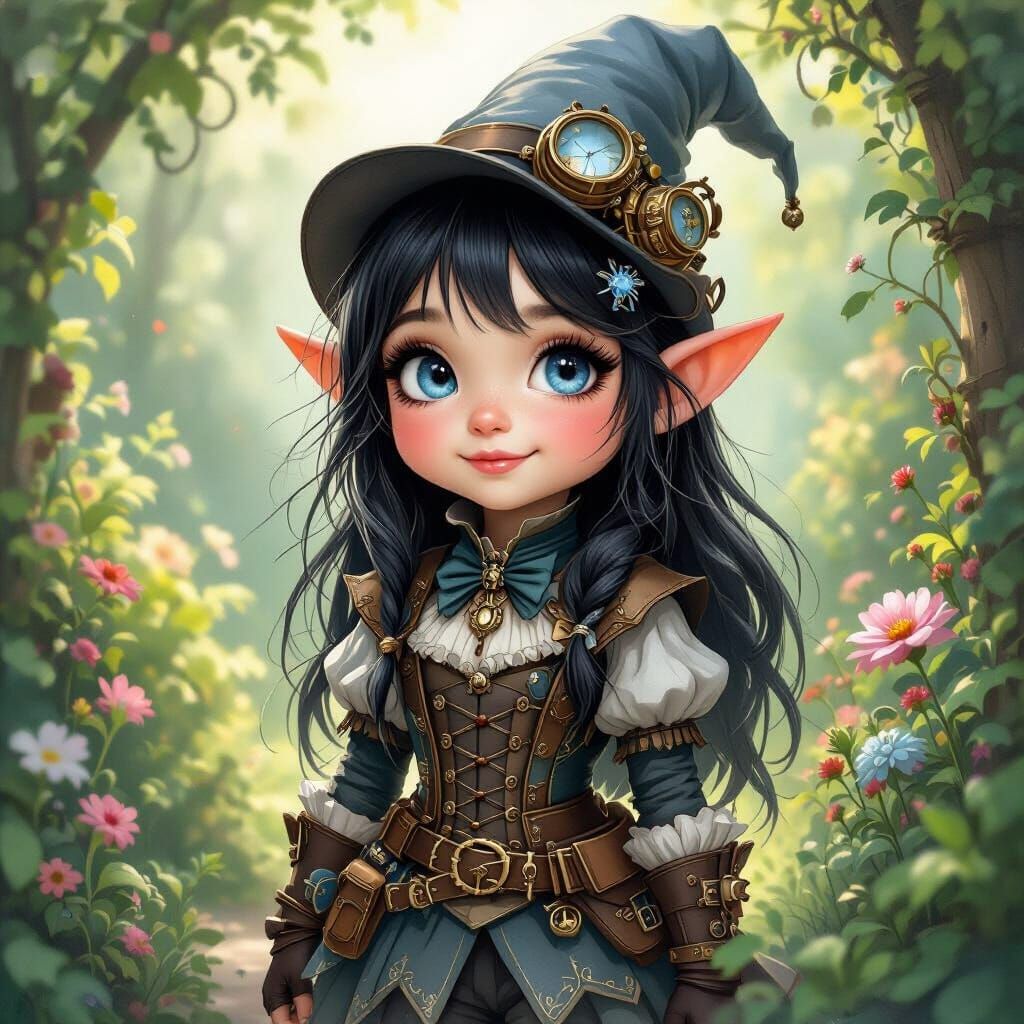 Cheerful Gnome Girl in Whimsical Steampunk Garden