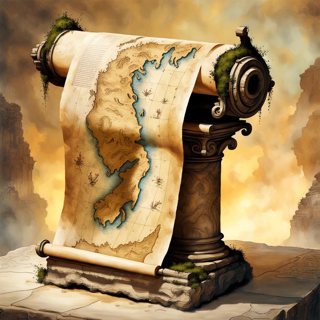 Ancient Fantasy Map on Weathered Parchment Scroll