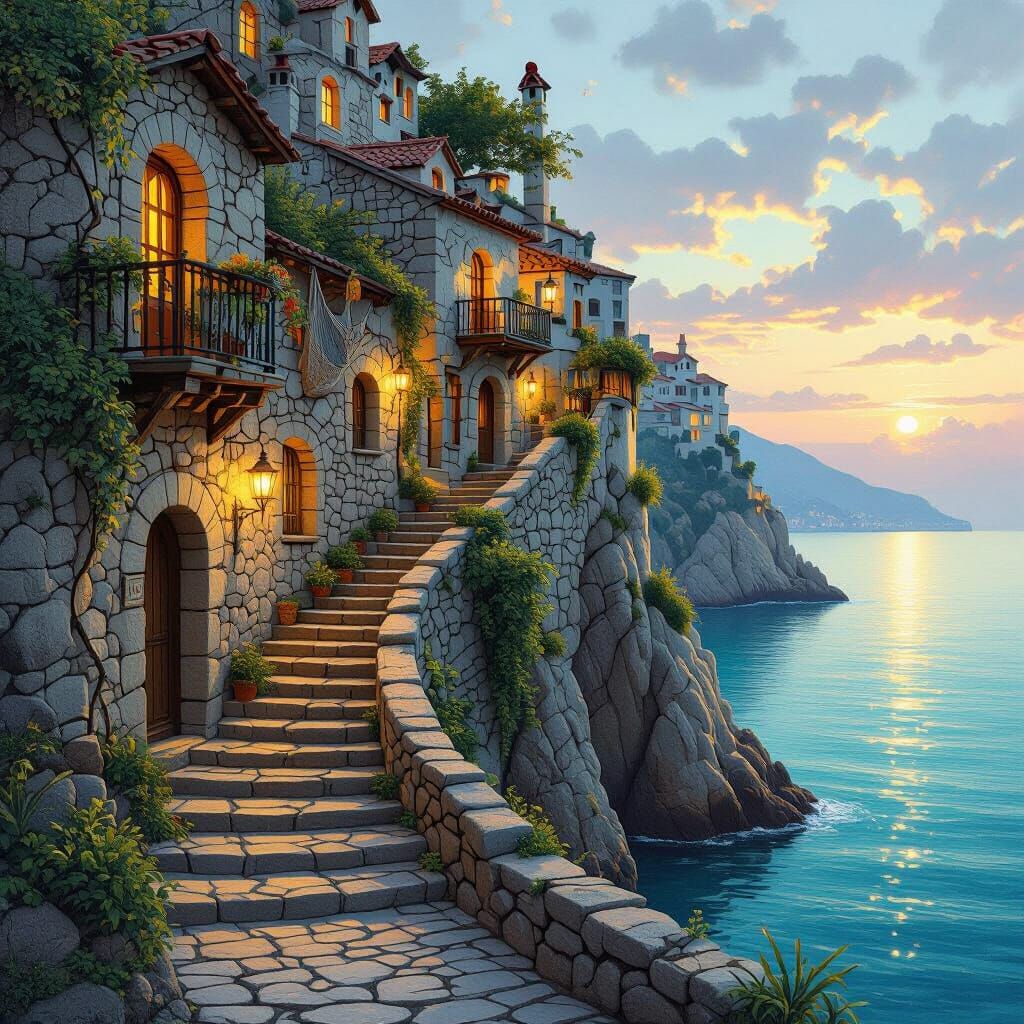 Seaside Village Staircase at Dusk Fantasy Illustration