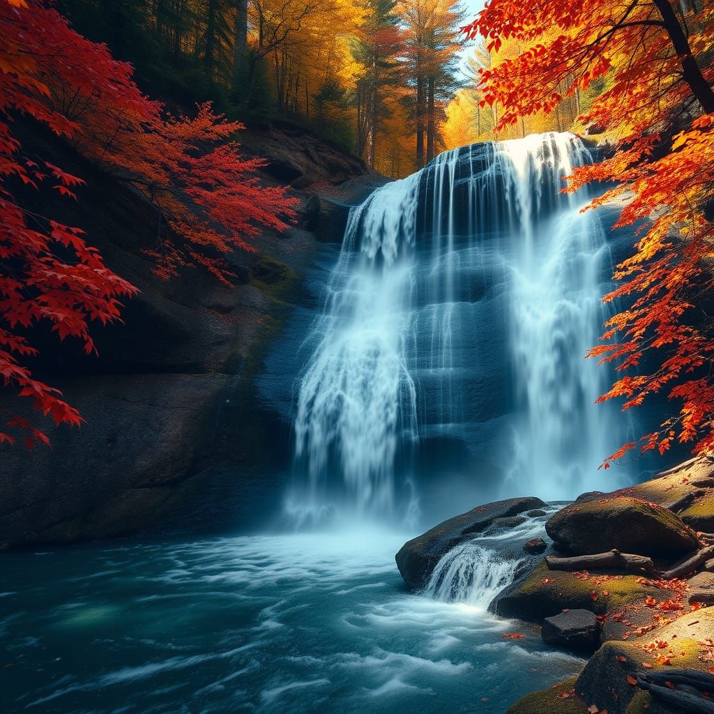 Majestic Autumn Waterfall in Dappled Sunlight