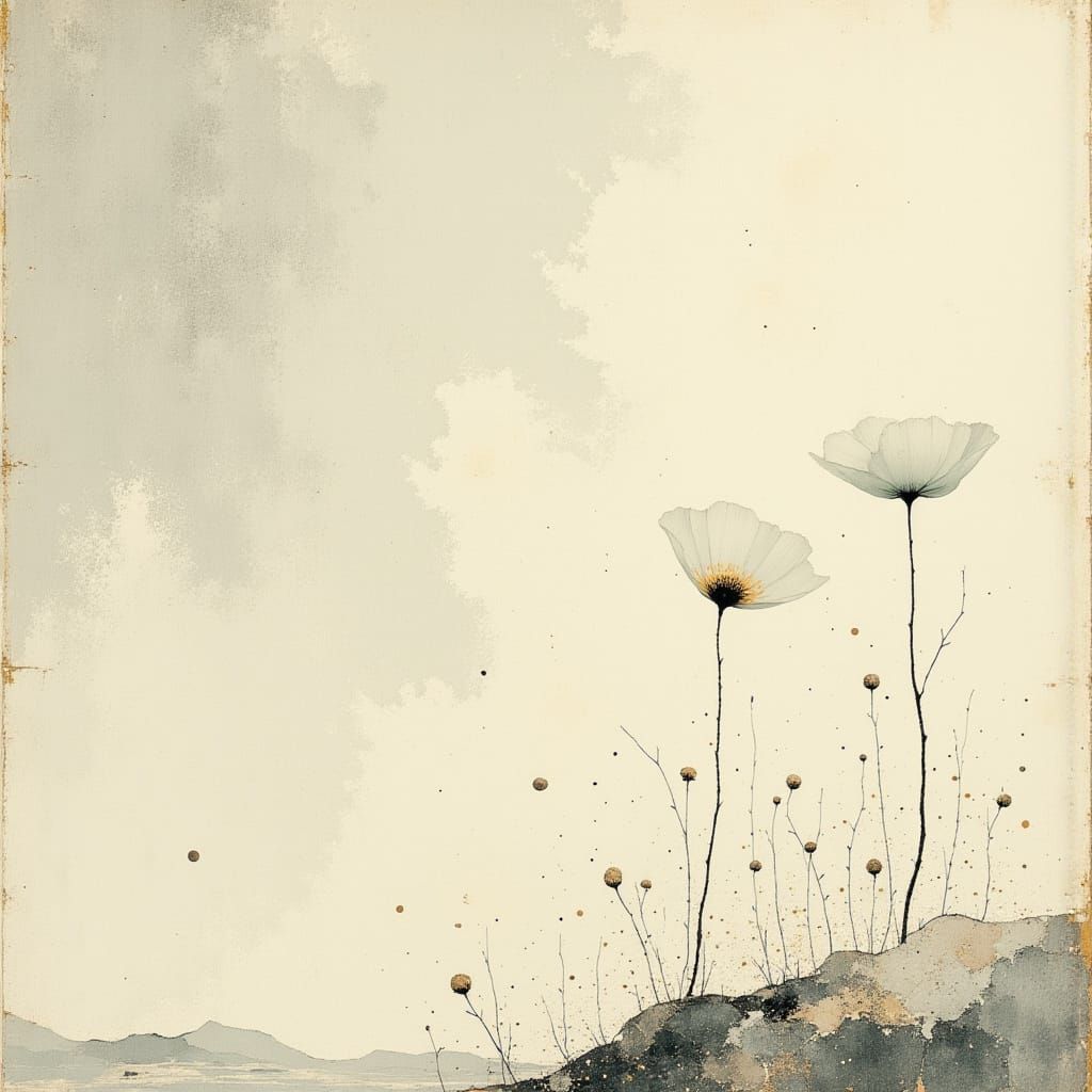 White Poppy in Wintry Shower: Japanese Minimalist Art