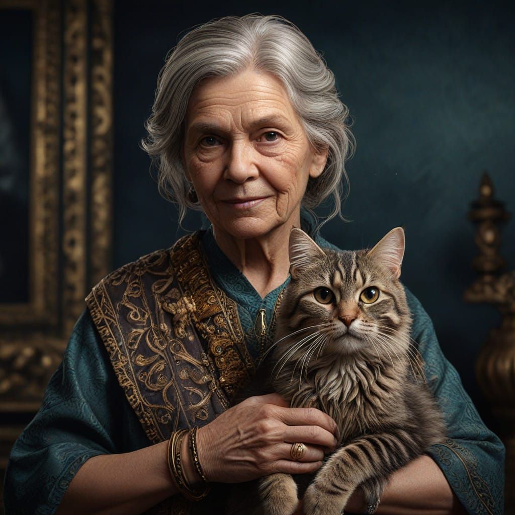 Elder Woman Holding Majestic Tabby Maine Coon in Enchanted R...