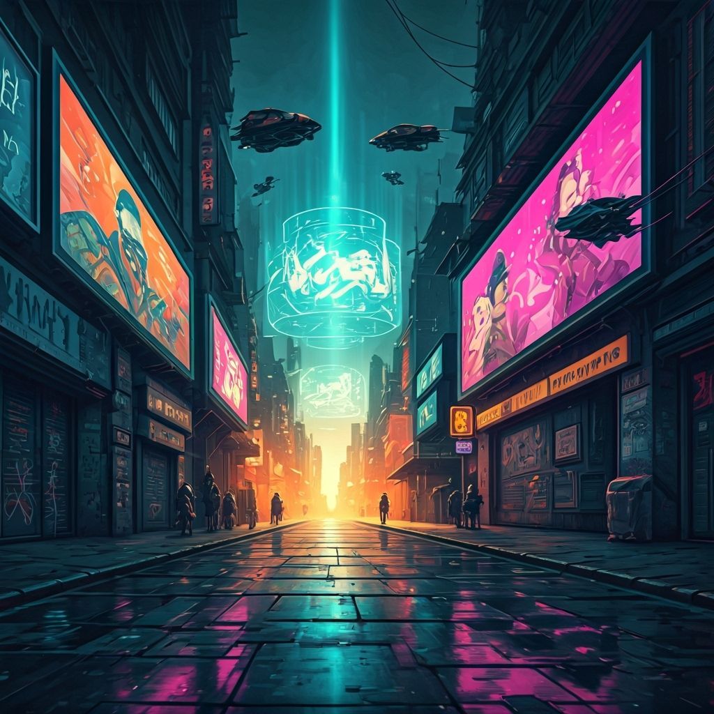 Vibrant Graffiti Mural of a Futuristic Cyberpunk Cityscape