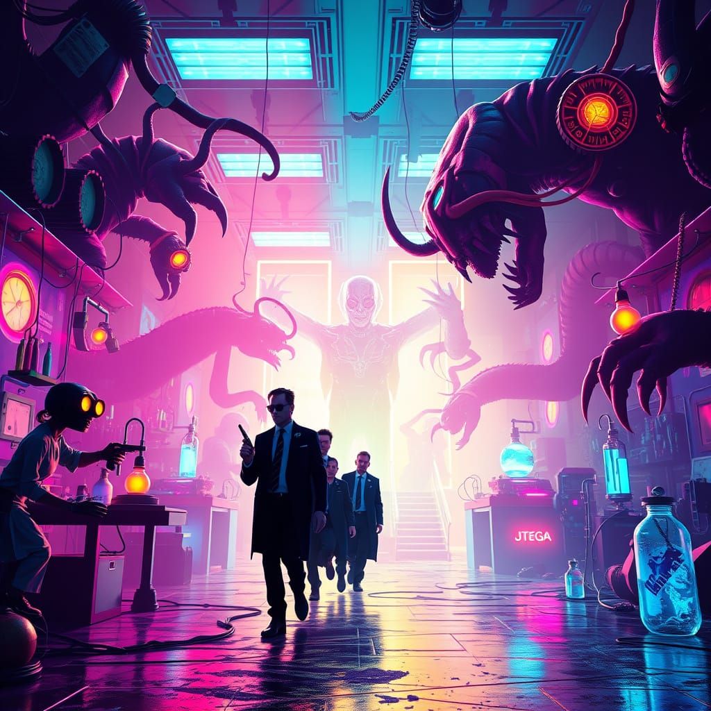Men in Black Agents Storm a Neon-Lit Laboratory in Cyberpunk...