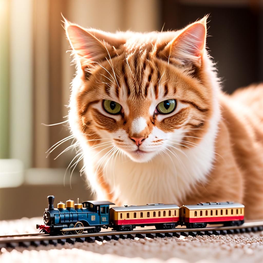 Cat Amused by Model Train: Professional Photography