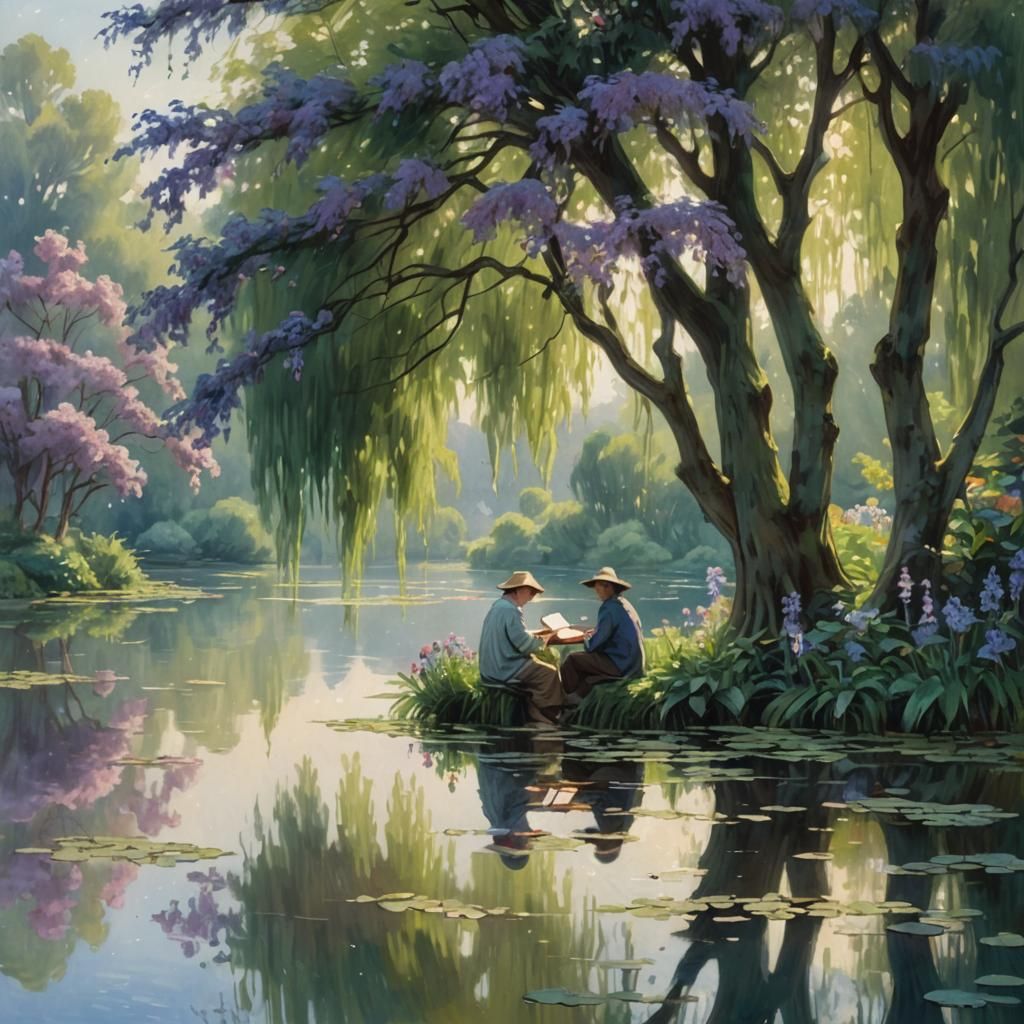 Lakeside Artist Painting Water Lilies in Whimsical Style