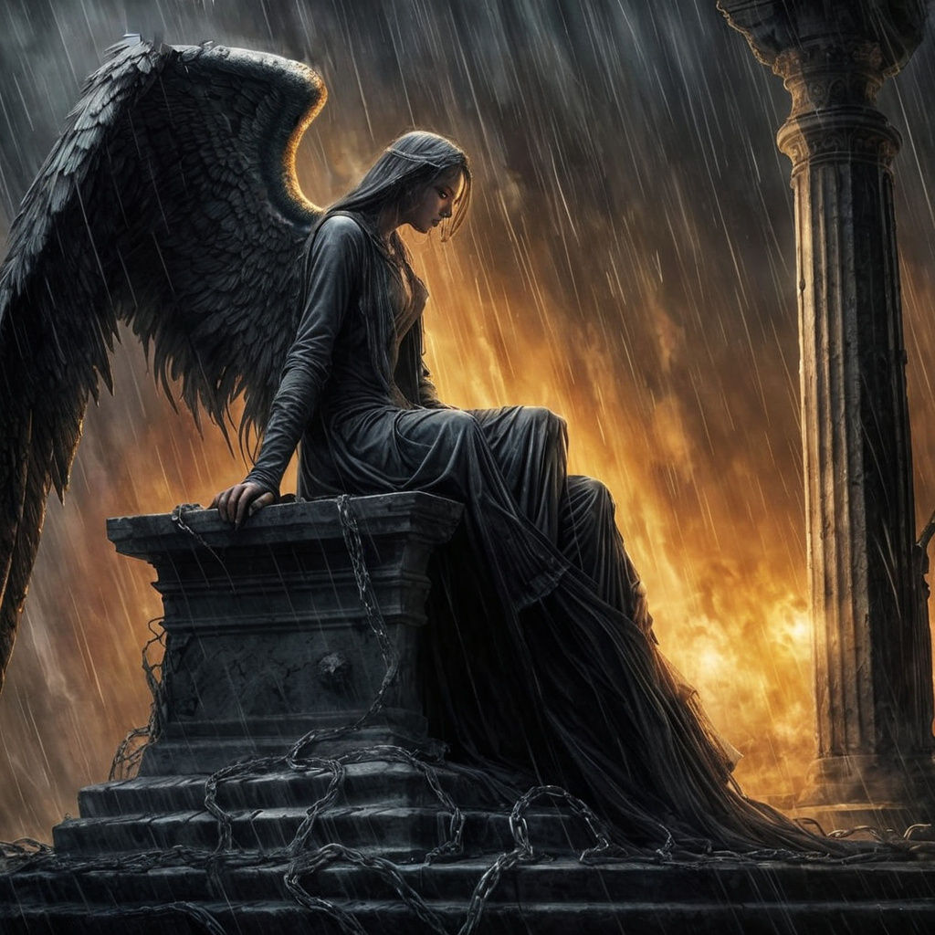Radiant Angel Shackled in Ash-Choked Hellscape