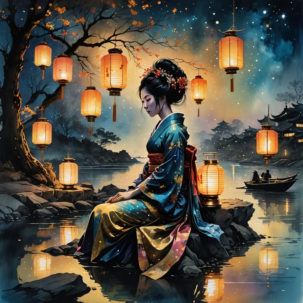 Geisha Silhouette at Lantern Festival in Surreal Style