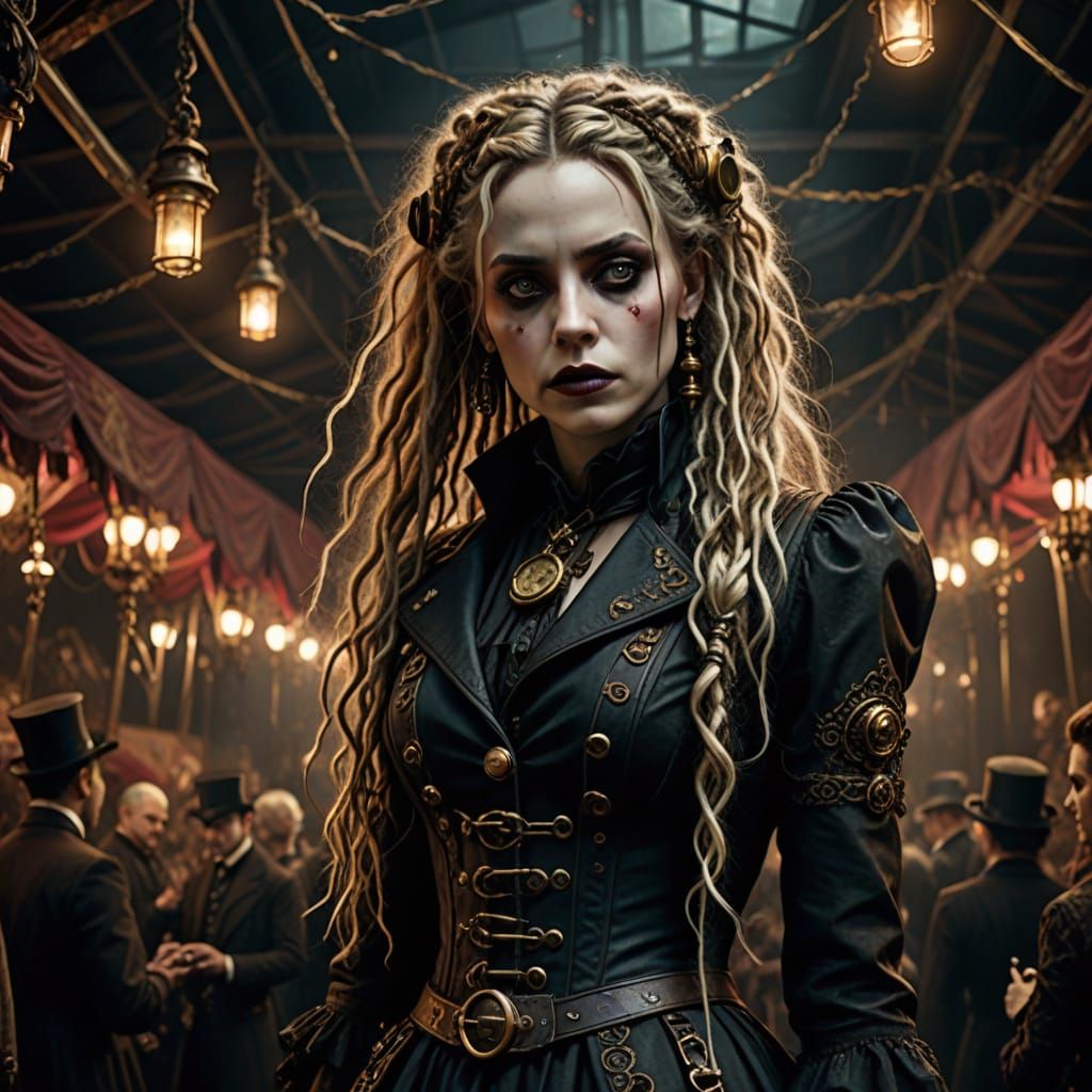 Gothic Steampunk Woman in a Dimly Lit Circus Tent