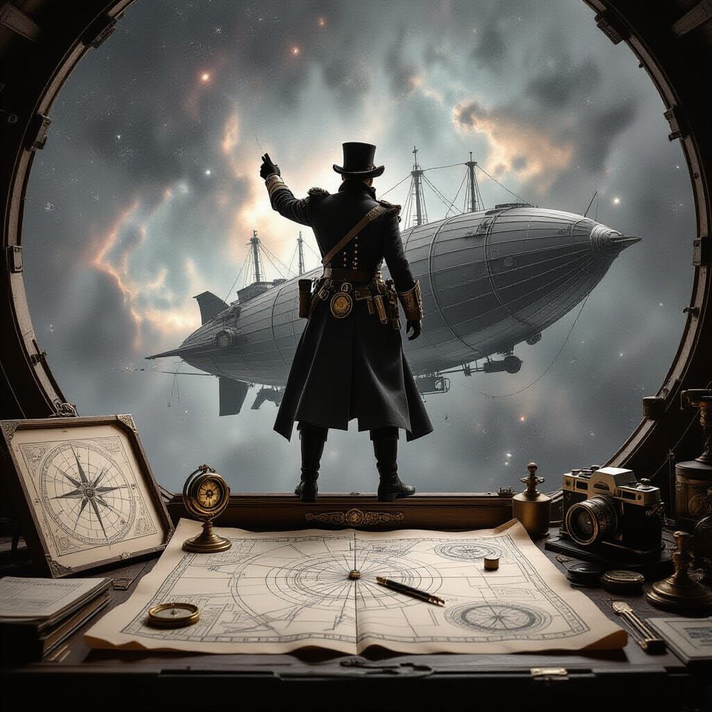 Steampunk Explorer Charts Nebula in Detailed Charcoal Drawin...