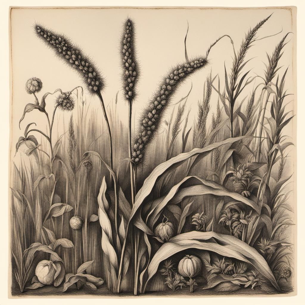 Anxious Plantain Grass: Botanical Ink Drawing