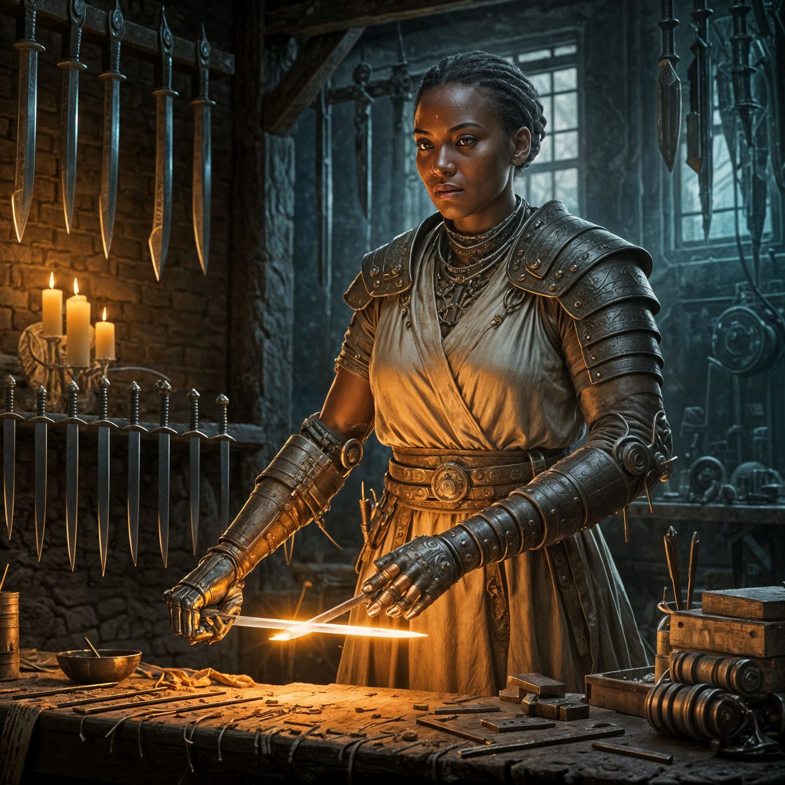 Ancient Black Woman Forging Swords in Workshop