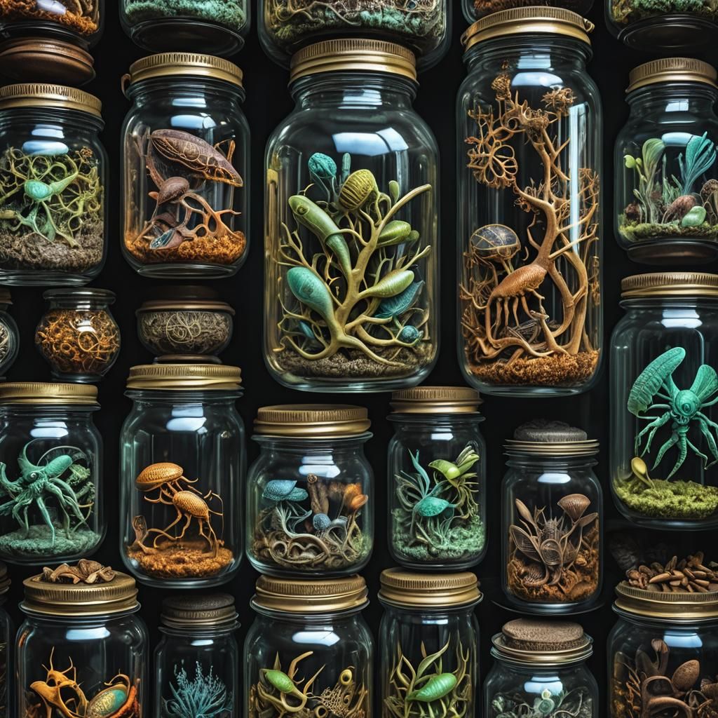 Alien Objects Displayed in Glass Jars, Hyperrealistic