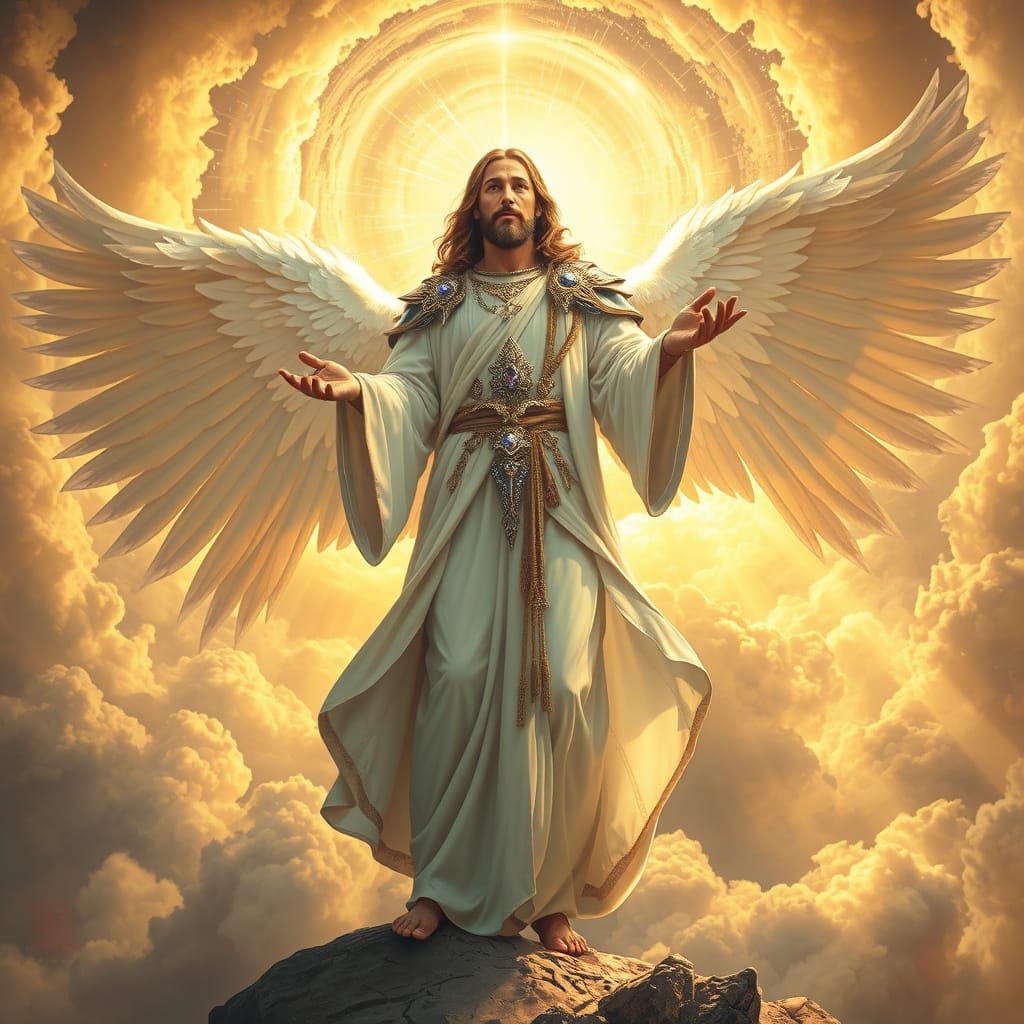Majestic Jesus Christ with Wings in Art Nouveau Style