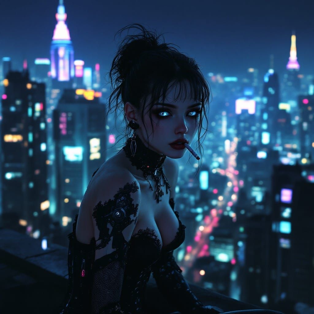 Goth Girl Exudes Boredom in Cyberpunk Cityscape