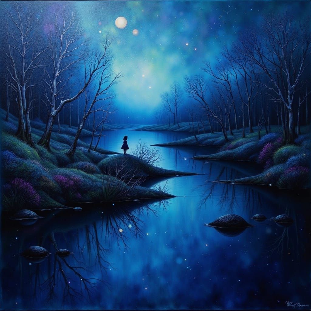 Dark Fae in a Moody Dark Blue Huescape with Glitch Art