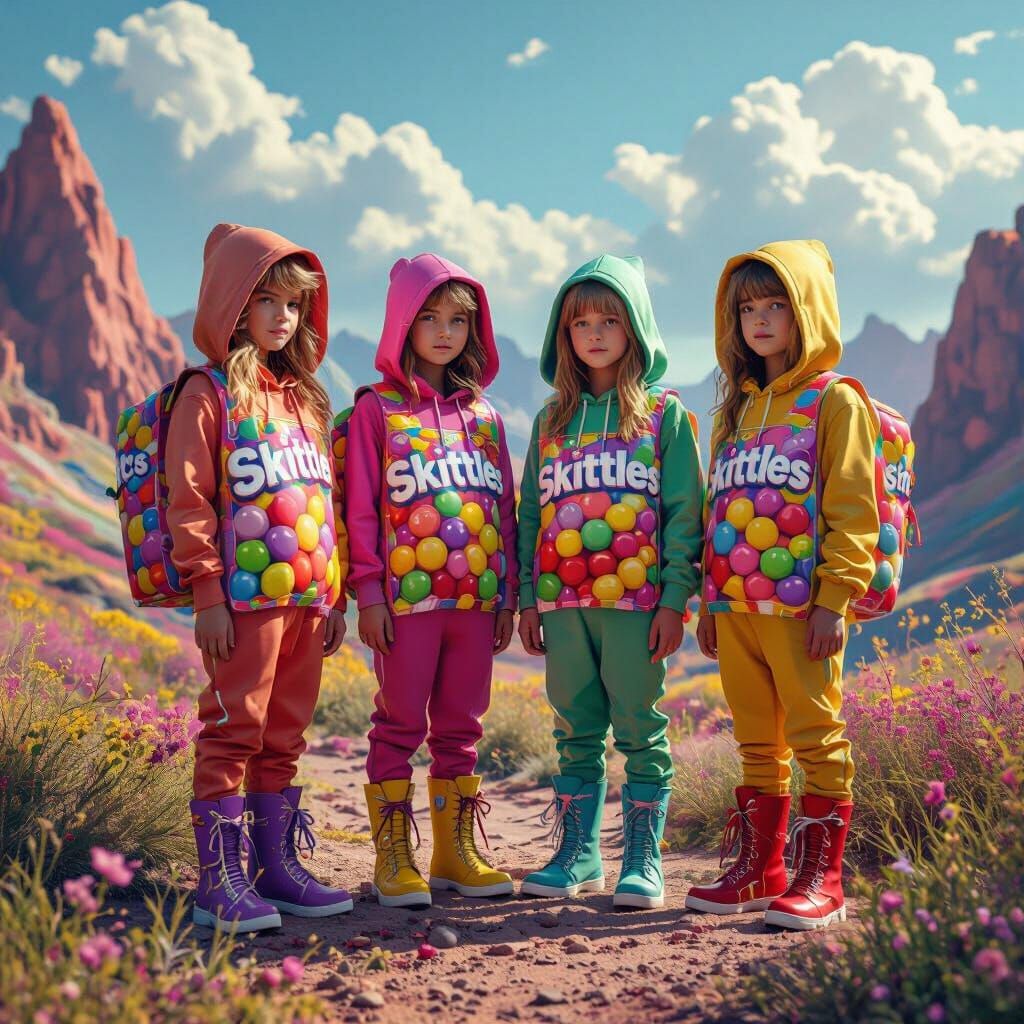 Four Tweens in Skittles Costumes in Fantasy Landscape