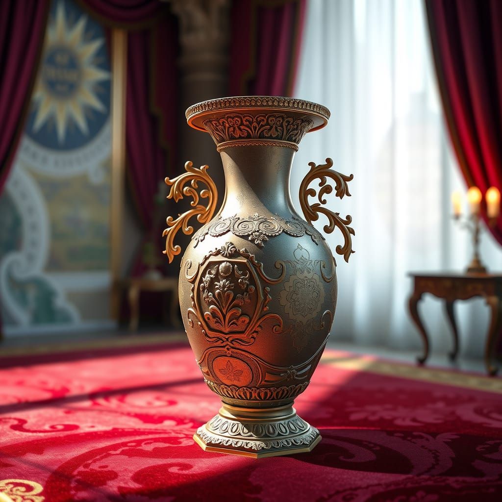 Ornate Nickeline Vase on Red Velvet in Fabergé Style