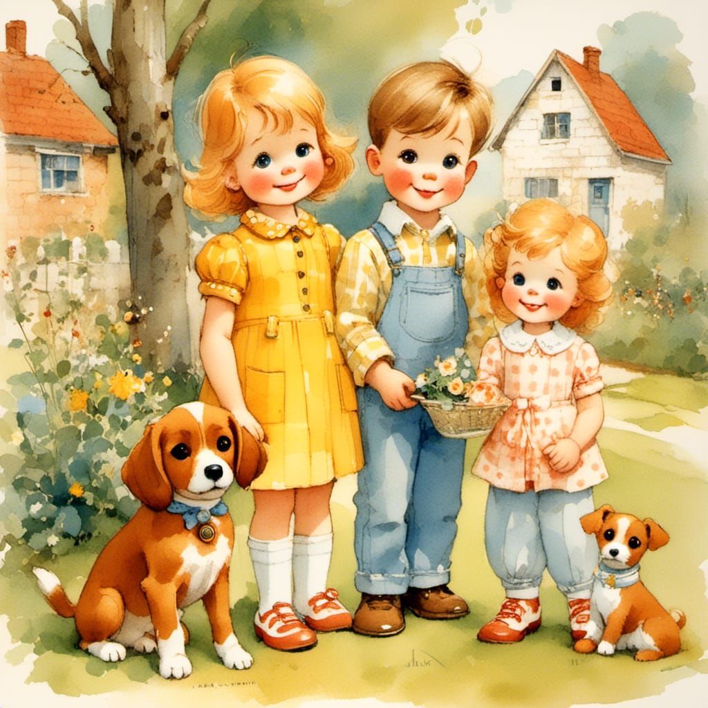 Toddler Siblings and Dog in Vintage Children's Style