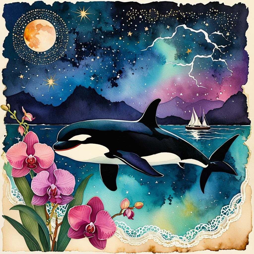Orca and Orchids in Starry Night Watercolor
