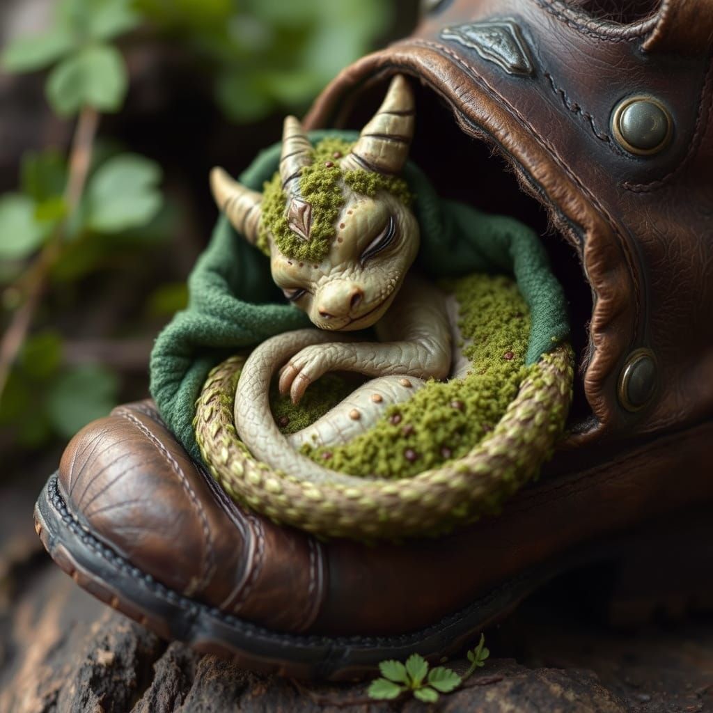 Moss Dragon Sleeping in Boot, Fantasy Illustration