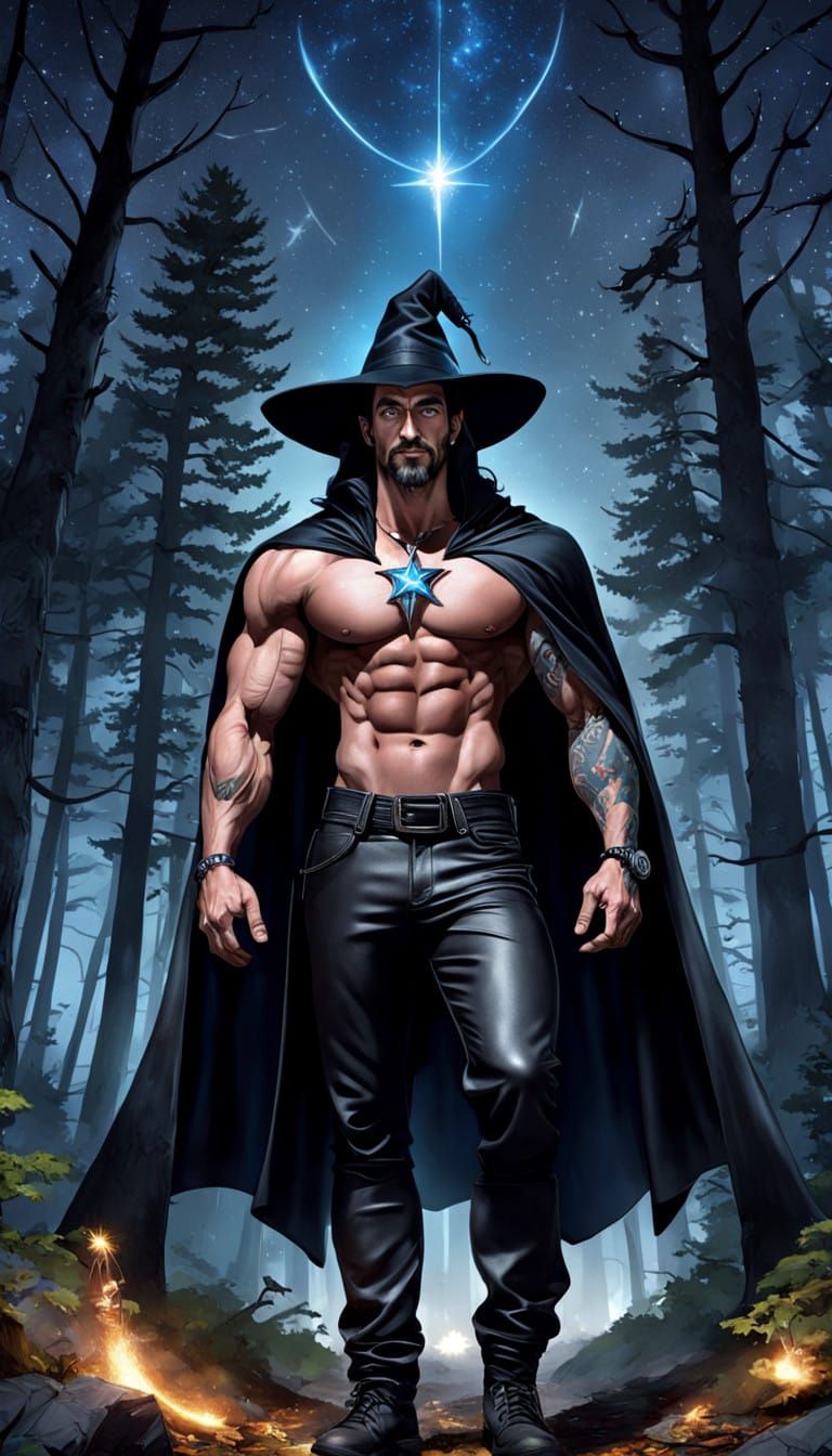 Muscular Male Witch Watches Falling Star in Forest Night