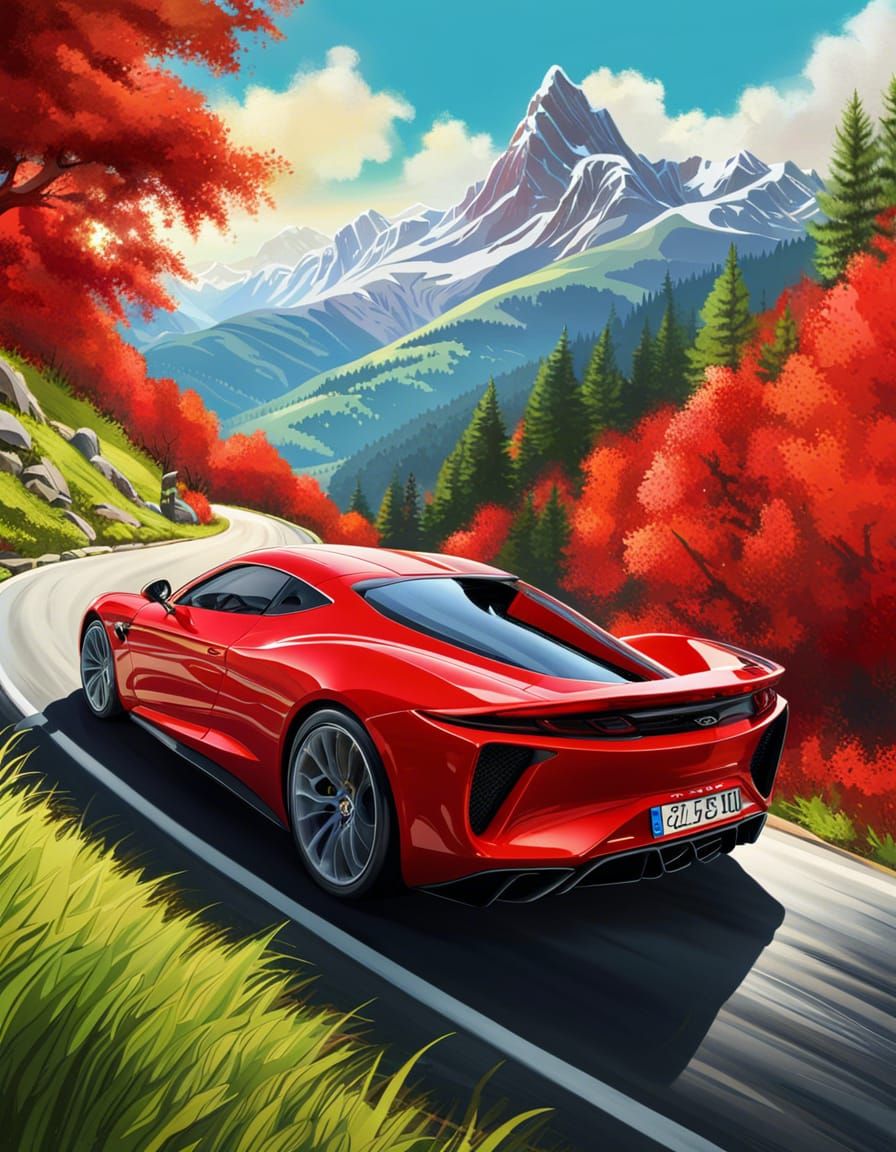 Red Sports Car on Mountain Road: Digital Artwork