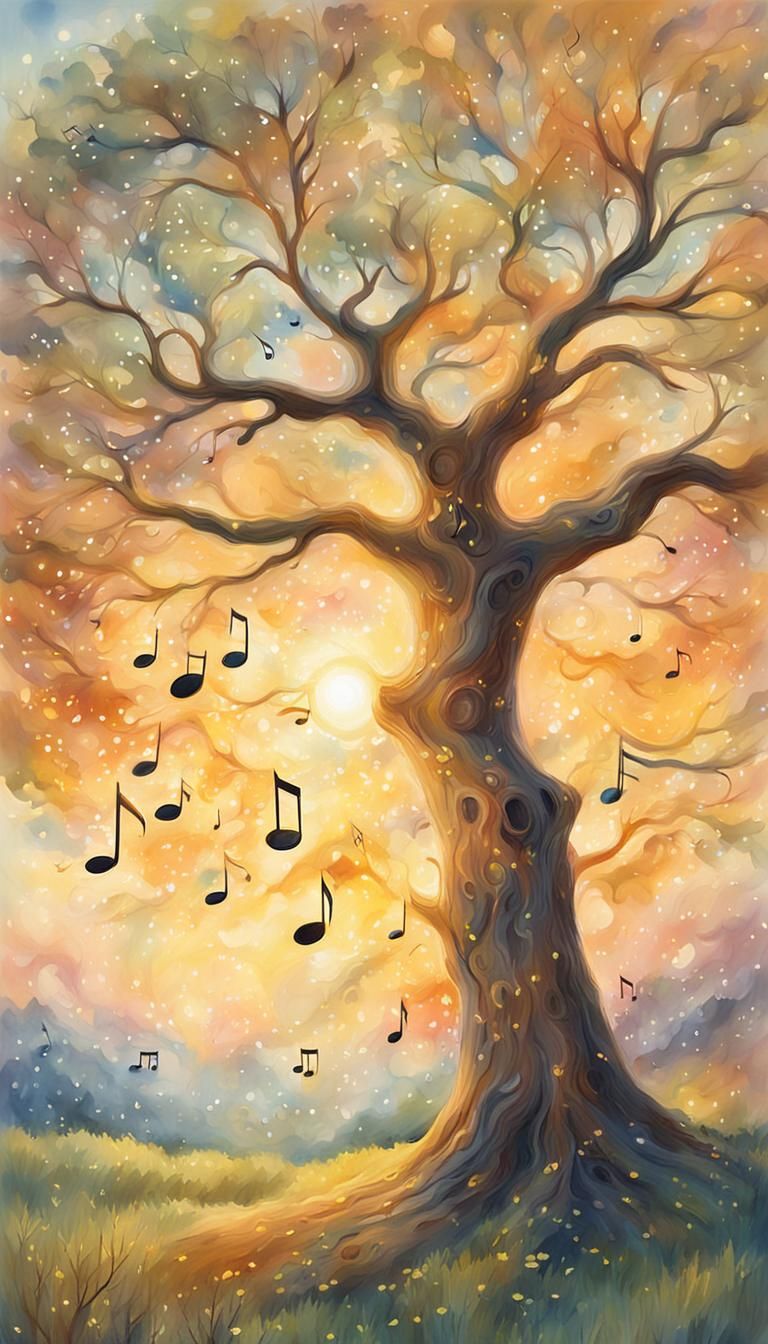 Musical Tree at Sunset: Impressionist Watercolor Landscape
