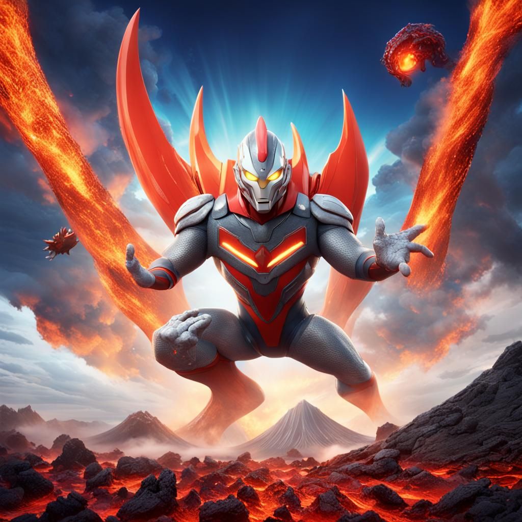 Ultraman Hurls Monster in Volcanic Battle, 3D Art
