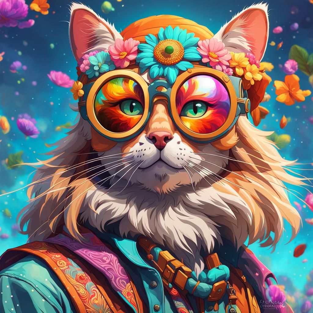 Happy Hippy Cat Portrait in Detailed Digital Art