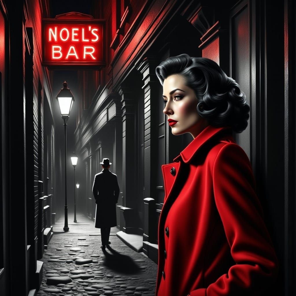 B&W Christmas scene. A femme fatale in a red Christmas coat and red lipstick, standing in a doorway that looks out onto ...