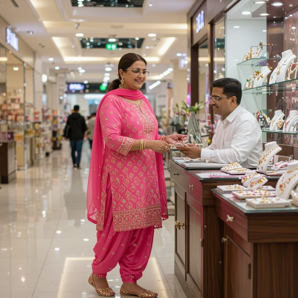 Fit Punjabi Woman Bargaining in Mall